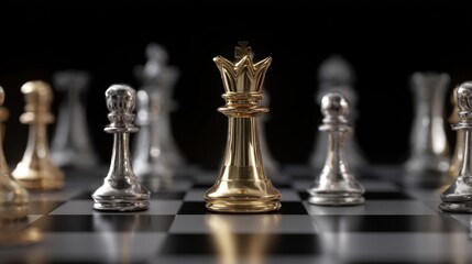 The gleaming golden queen standing out among silver chess pieces.