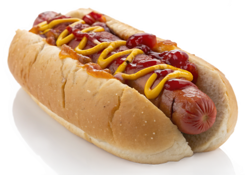 Classic American Hot Dog with Ketchup Mustard and Relish on a White Plate a Delicious Meal Option Perfect for Picnics