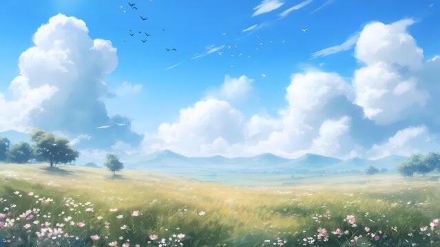 Rolling green hills under blue sky with fluffy white clouds
