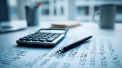 The calculator and pen on financial reports in a modern office setting.