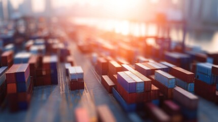 Obraz premium Colorful shipping containers stacked in rows at a port with warm glowing light during sunset or sunrise,