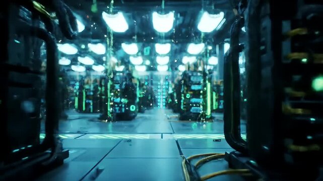 Futuristic server room with glowing data banks and intricate technological infrastructure.