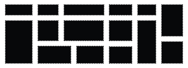 postage stamps set. Black post stamp frames and borders. Rectangle, square template for mail, postcard, letter, note. Vector zigzag objects for badge, sticker, photo, frame. Vector illustration set