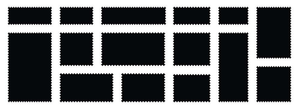 postage stamps set. Black post stamp frames and borders. Rectangle, square template for mail, postcard, letter, note. Vector zigzag objects for badge, sticker, photo, frame. Vector illustration set