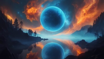 Dramatic celestial phenomenon with large planet or moon over mountain landscape