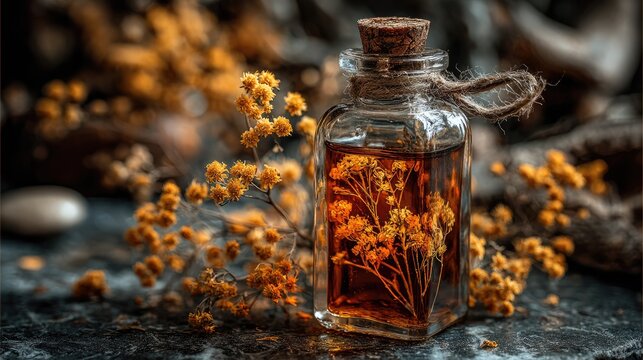 Amber elixir in glass vial, surrounded by dried golden flowers