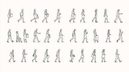 Naklejka premium Diverse Outline Figures Walking With Bags and Briefcases in Line Art Style