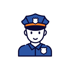 A vector illustration shows a professional cartoon policeman in a blue uniform with a hat and a badge, symbolizing legal protection and control