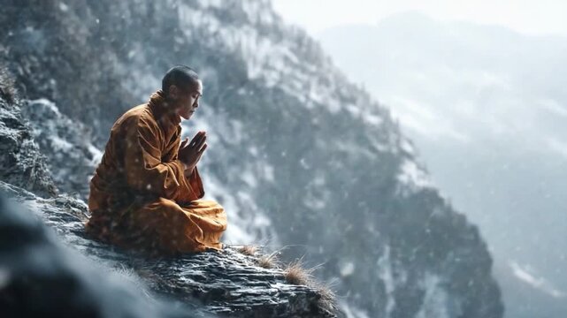 Monk's Mountain Meditation: A solitary monk engages in profound meditation atop a majestic, snow-dusted mountain, embodying serenity and spiritual devotion in a dramatic, natural setting.
