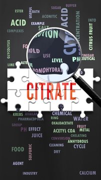 Citrate under magnifying glass, being researched, studied and examined. Most important subjects and ideas closely related to citrate written around a puzzle to symbolize complexity of citrate.