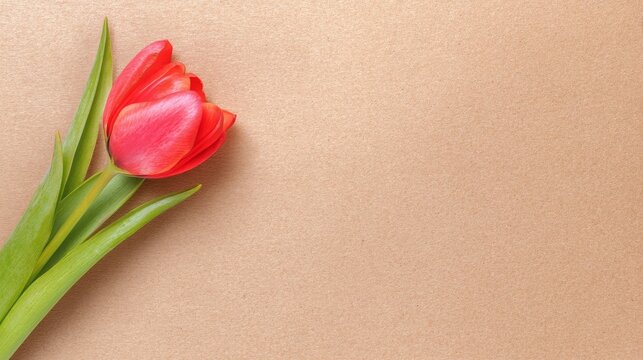 A vibrant red tulip with bright green leaves stands alone against a plain beige background, symbolizing simplicity,