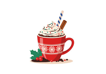 Festive holiday hot chocolate delight with whipped cream cinnamon stick and sprinkles in a red mug decorated with snowflakes
