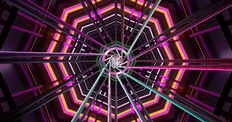 AI-generated abstract, neon-lit hexagonal tunnel with glowing lines and futuristic geometric shapes - Powered by Adobe