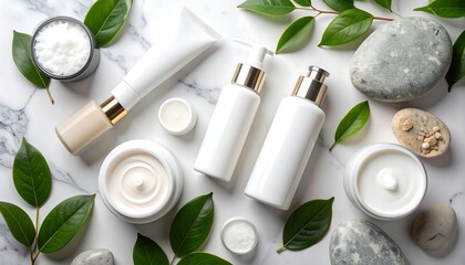 Flat lay of skincare products with greenery