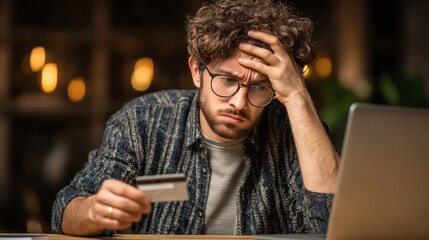 Stressed Man Looking at Credit Card While Working on Laptop at Home