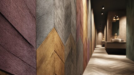 Elegant herringbone pattern hallway with textured walls leading to bathroom area