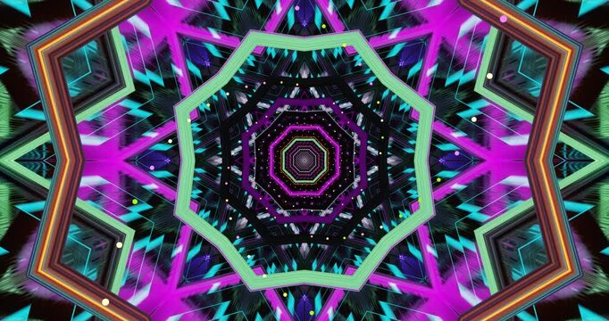 AI-generated abstract kaleidoscopic pattern with vibrant neon lights in a geometric tunnel
