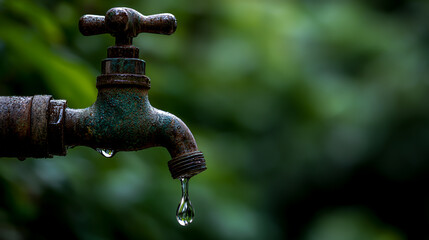 Close-up of a water tap with a dripping drop on a blurred green nature background