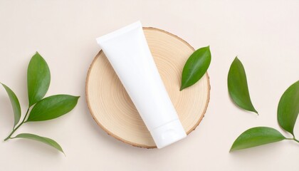 White Cosmetic Tube on Wooden Slice with Green Leaves