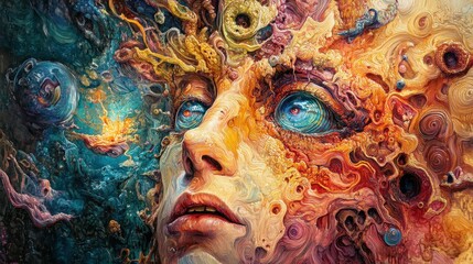 Surreal Portrait of a Human Face with Vibrant Abstract Patterns