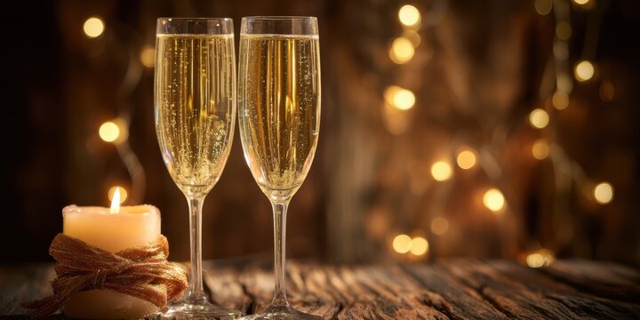 The elegant champagne glasses with a candle set against sparkling lights backdrop.