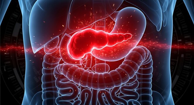 Futuristic X-Ray Scan Highlighting a Diseased Pancreas Glowing Red with Inflammation.
