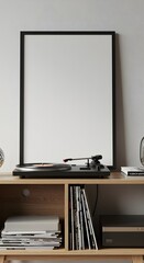 Stylish Interior with a Blank Vertical Frame Mockup Retro Turntable and Vinyl Records on a Wooden Shelf.