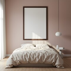 Sunlit Minimalist Bedroom with a Large Blank Frame Mockup Against a Dusty Pink Wall.