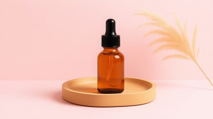 Amber Glass Serum Bottle on Beige Round Wooden Surface