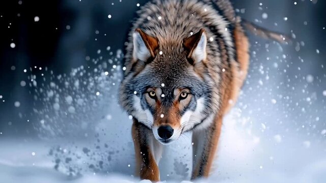 Majestic wolf running through a snowy landscape