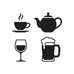 Obraz premium Four black icons representing beverages hot tea wine and beer drinks for hospitality and refreshment silhouette