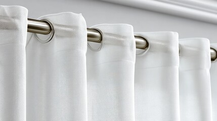 Elegant white curtains hanging on a metal rod, creating a minimalist and clean aesthetic