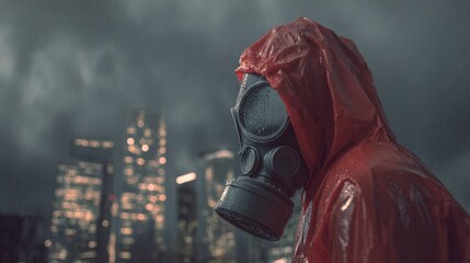 The figure in a gas mask standing against an urban backdrop in the rain.