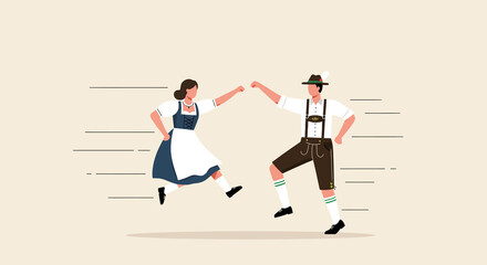 A dynamic flat design illustration capturing two figures in traditional Bavarian attire performing the energetic Schuhplattler folk dance