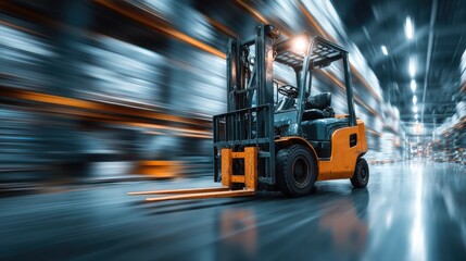 Forklift in motion inside warehouse