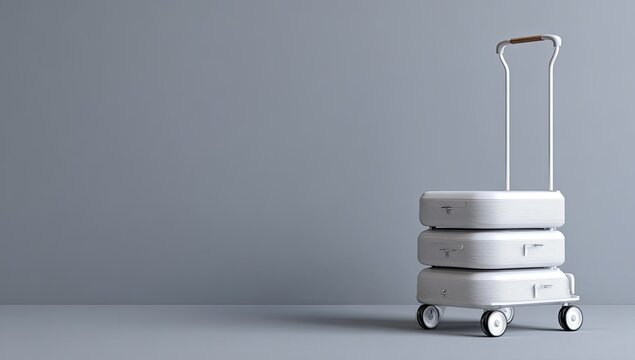 Stacked white suitcases on a trolley against a muted gray background