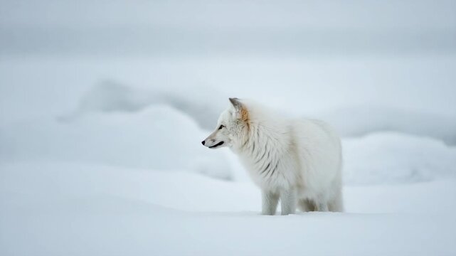 AI-generated arctic fox stands alone in wide snowy landscape with falling snow and pale horizon