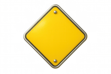 Empty metallic yellow road sign with rivets on a transparent background, providing space for custom messages and designs
