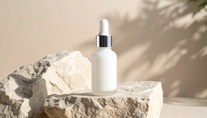 White cosmetic dropper bottle on natural stone podium with plant shadows, for organic skincare product display.