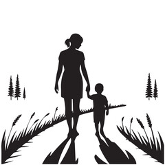 Black silhouettes of a woman with a child in full growth walking across a field, minimalism, isolate on white, mother with child