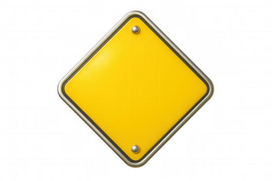 Empty metallic yellow road sign with rivets on a transparent background, providing space for custom messages and designs