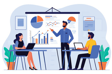 Business presentation showing growth in charts with employees in a modern office environment