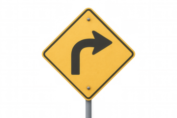 Yellow road sign displaying black right-turn arrow, signaling traffic direction on transparent background, indicating vehicular routing