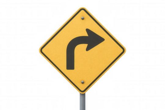 Yellow road sign displaying black right-turn arrow, signaling traffic direction on transparent background, indicating vehicular routing
