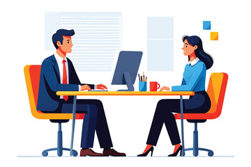 Business meeting vector concept with a man and a woman sitting at an office desk. HR manager conducting a job interview with a candidate