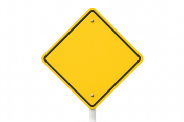 Empty diamond-shaped yellow road sign with black border and rivets, isolated on transparent background, providing copy space for custom message