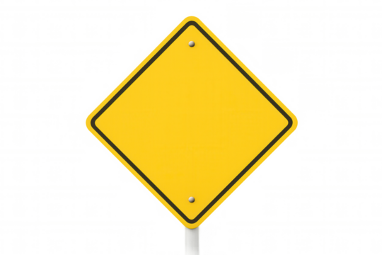 Empty diamond-shaped yellow road sign with black border and rivets, isolated on transparent background, providing copy space for custom message - Powered by Adobe