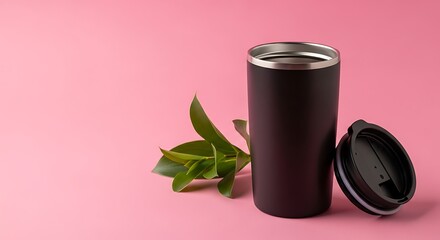 Sleek Black Insulated Travel Mug with Green Leaves