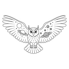 Fototapeta premium Outline of an owl with wings spread showing planets and stars bird