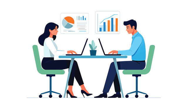 Vector illustration of two colleagues sitting at a desk with laptops, analyzing financial statistics and data charts for business strategy